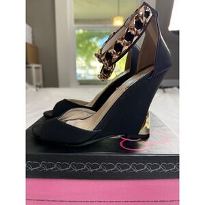 iHeart Collection Sarah-02 Black Wedge Sandals Gold Chain Ankle Strap Heels 6